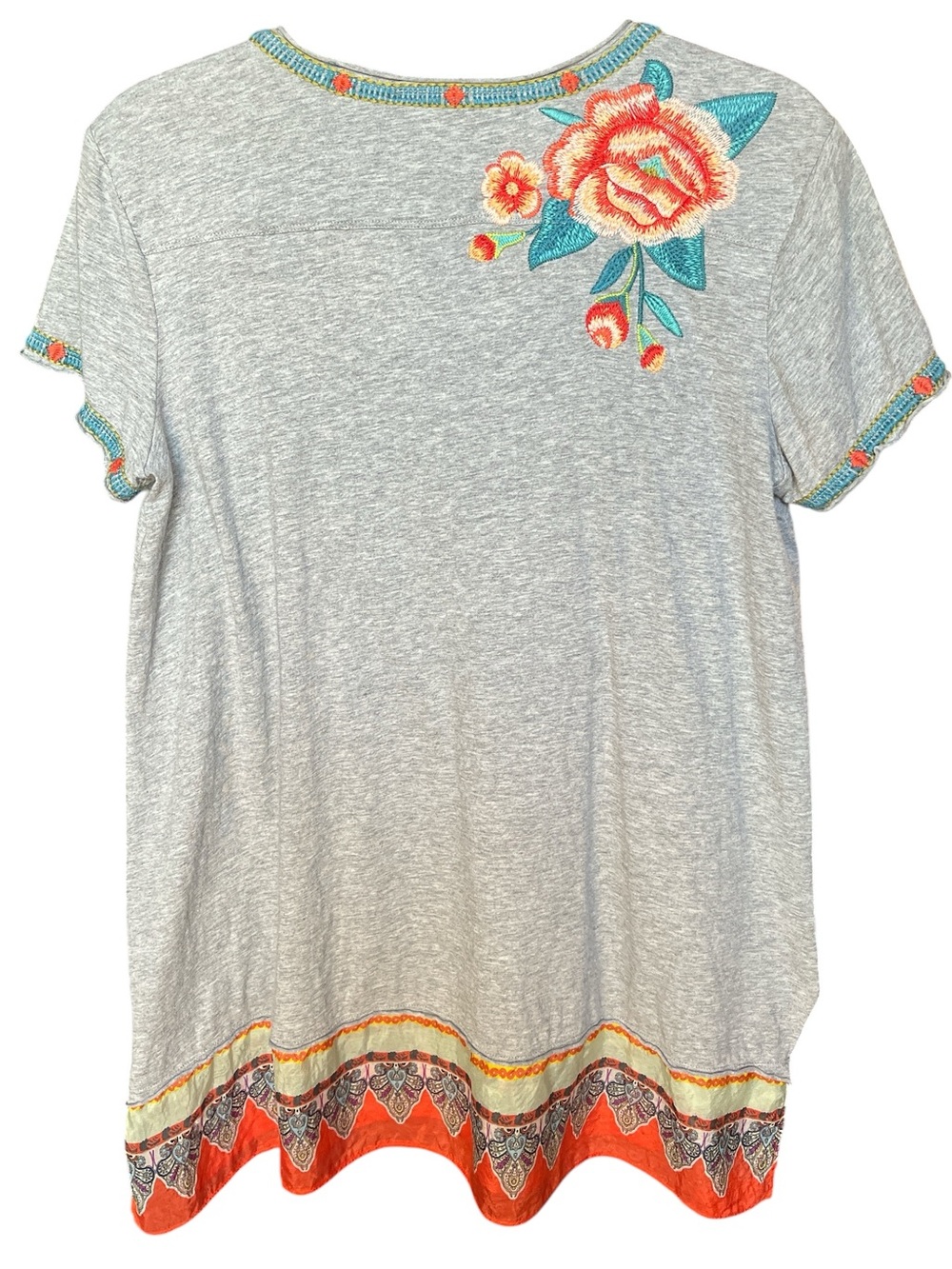 Johnny Was Gray V-Neck Tee with Orange Floral Embroidery - Picture 3 of 6